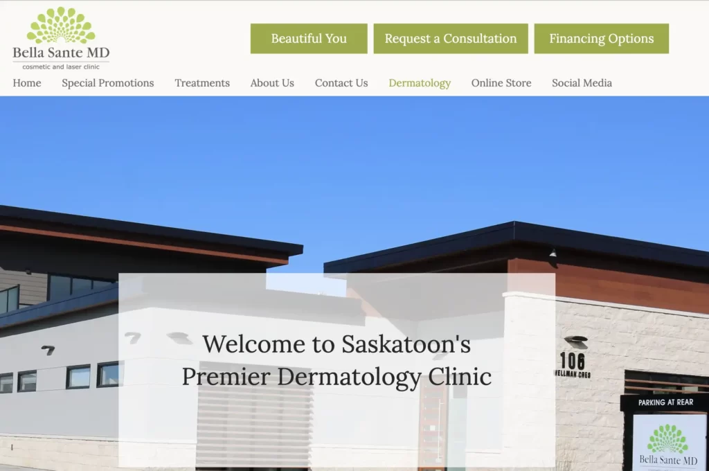 Website overview of Bella Sante Dermatology Clinic, Saskatoon