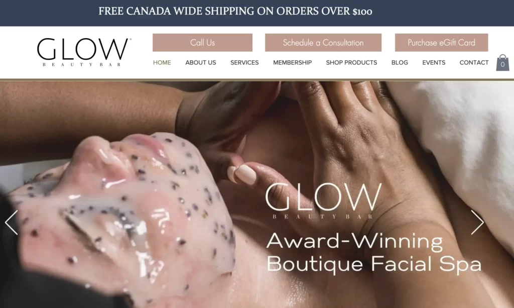 Website overview of Glow Beauty Bar - Dermaplaning specialists in Toronto