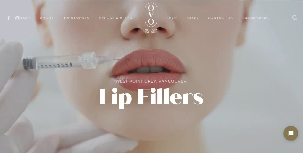 Website overview of Ovo Medi Spa's Lip Fillers injections