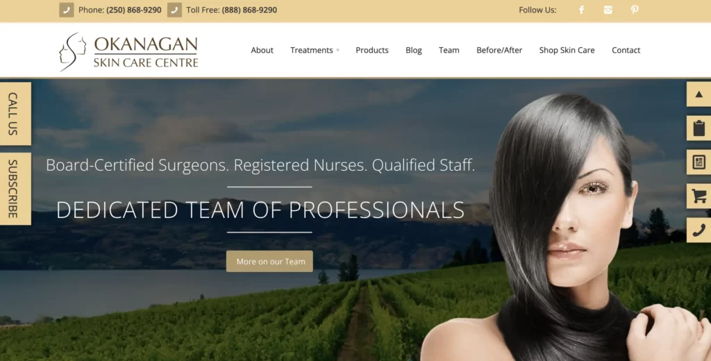 Website overview of Okanagan Skin Care Centre