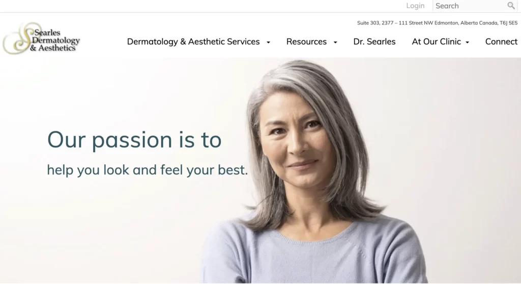 Website overview of Searles Gordon Dr, Dermatologist in South Edmonton, AB