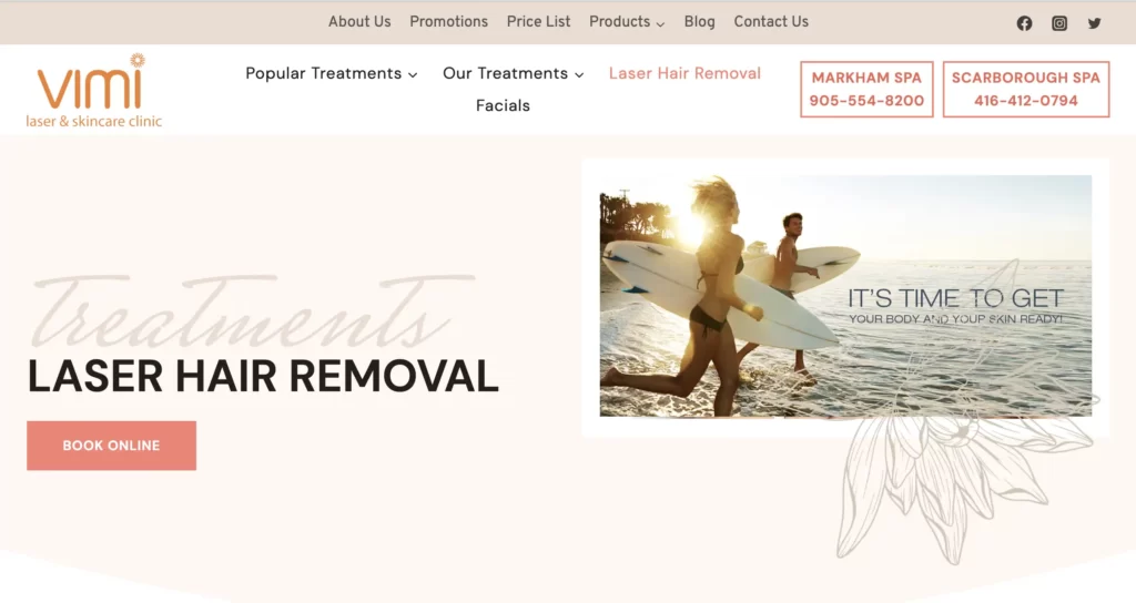 Service webpage of Vimi Laser Hair Removal & Skincare Clinic in Markham