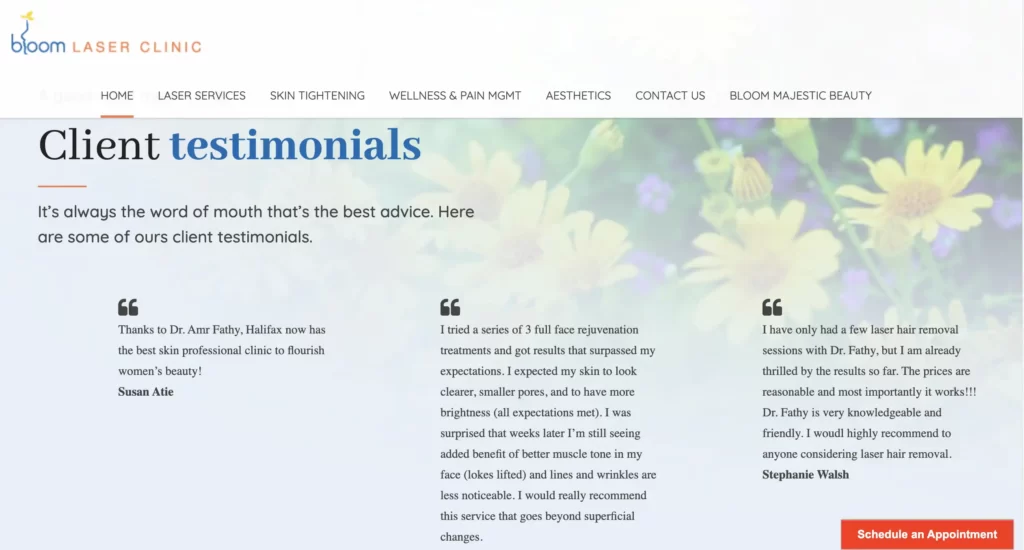 Client testimonials of Bloom Laser Hair Removal Clinic, Halifax, Nova Scotia