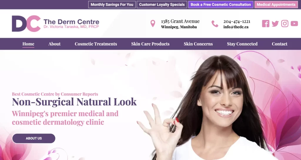 Service Page of The Derm Centre, Winnipeg